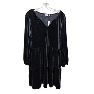 GAP Black Velvet Tiered Babydoll Dress Long Sleeve V-Neck Womens L Fairy Goth